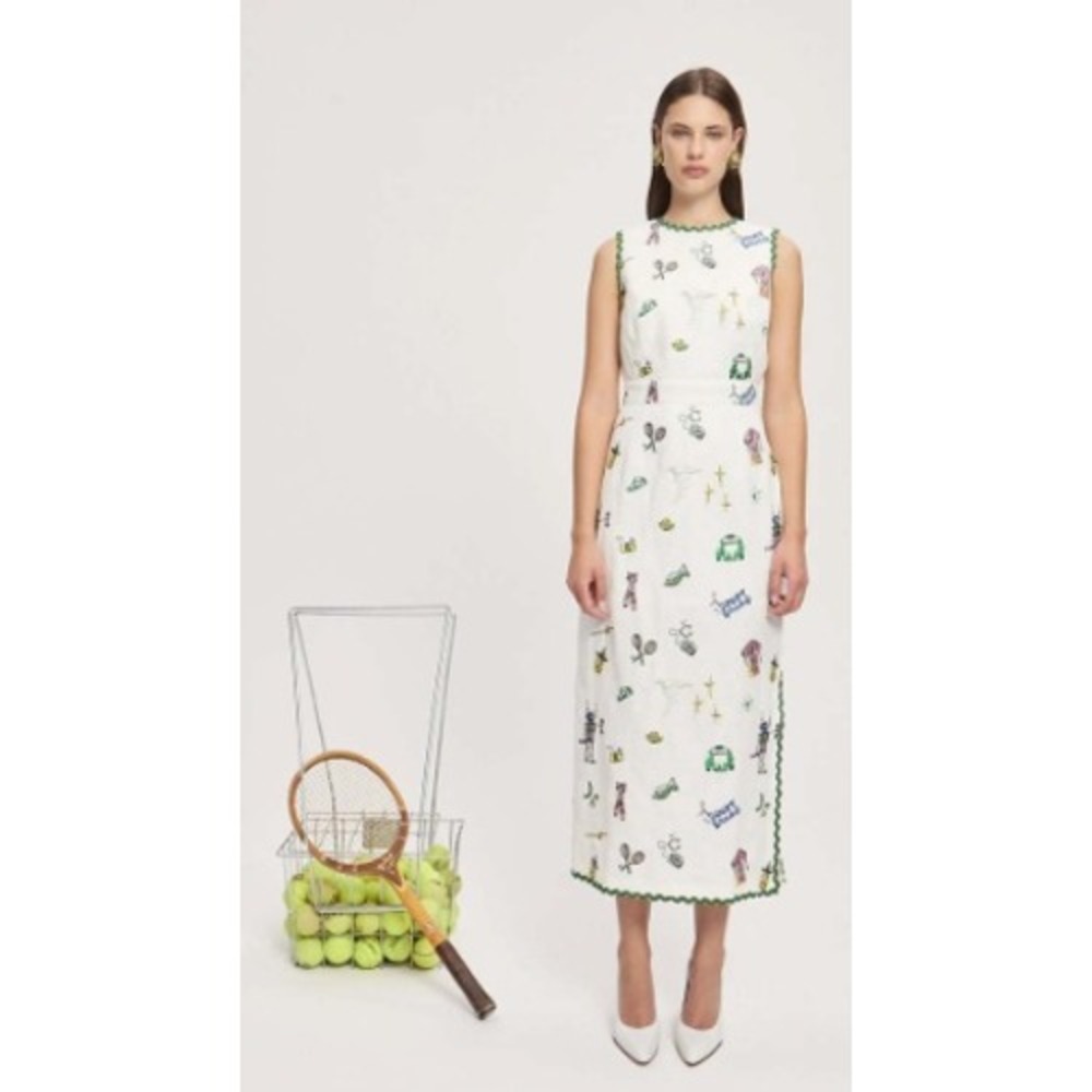 Alemais Play Embroidered Midi Dress Cream Linen Ric-Rac Trim 5181D-8 US 4 NEW
